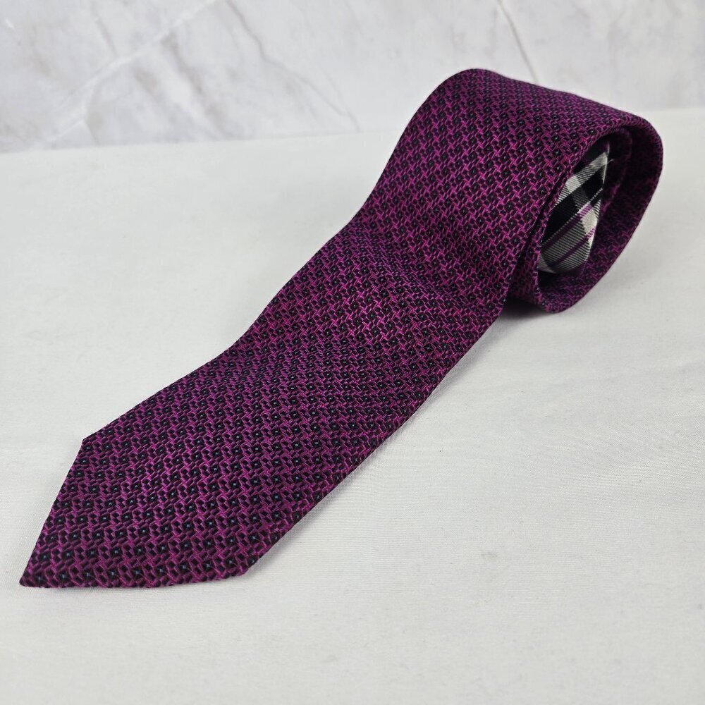 Egara 100% Silk Men's Tie Fuchsia Black White Pattern Plaid End Office Formal